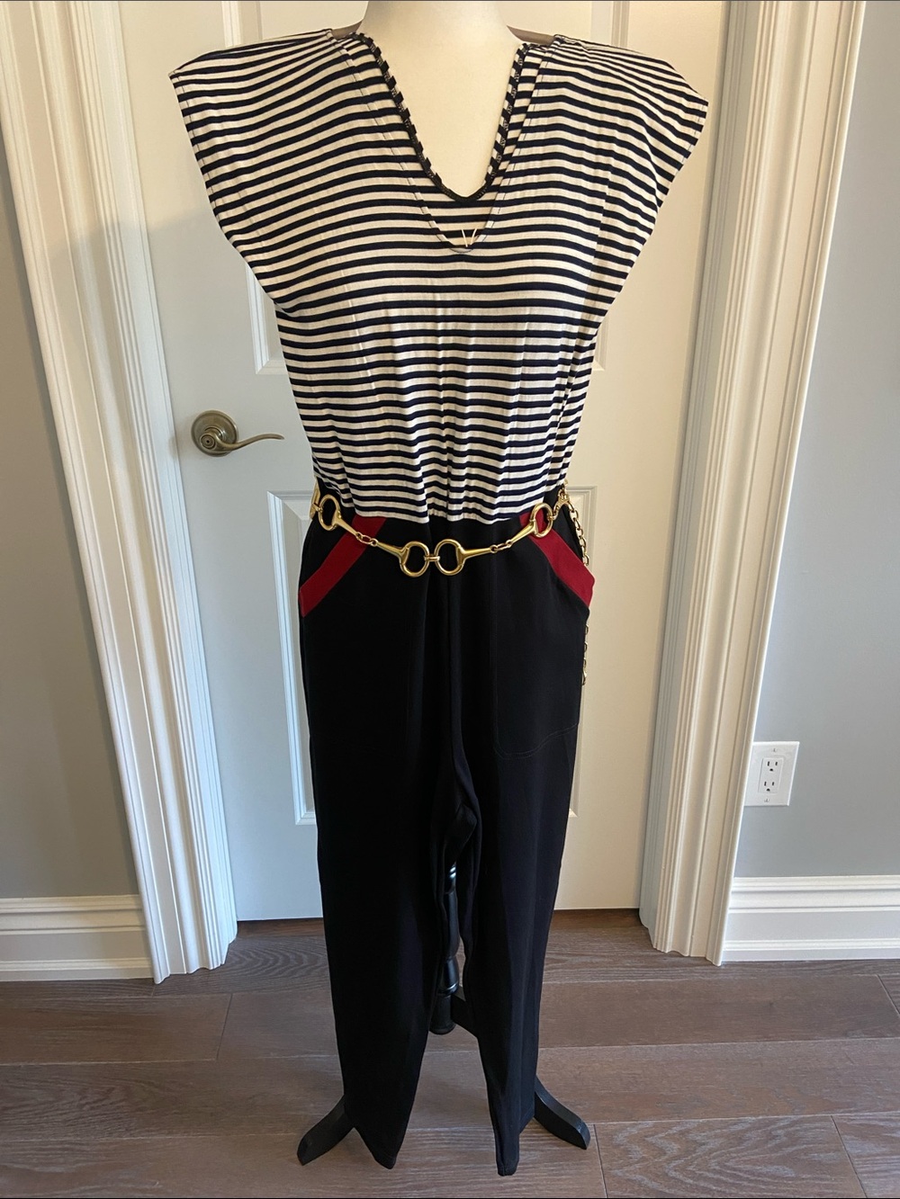 Canadian Striped Black & White Jumpsuit with Red Pocket Trim. Size small.